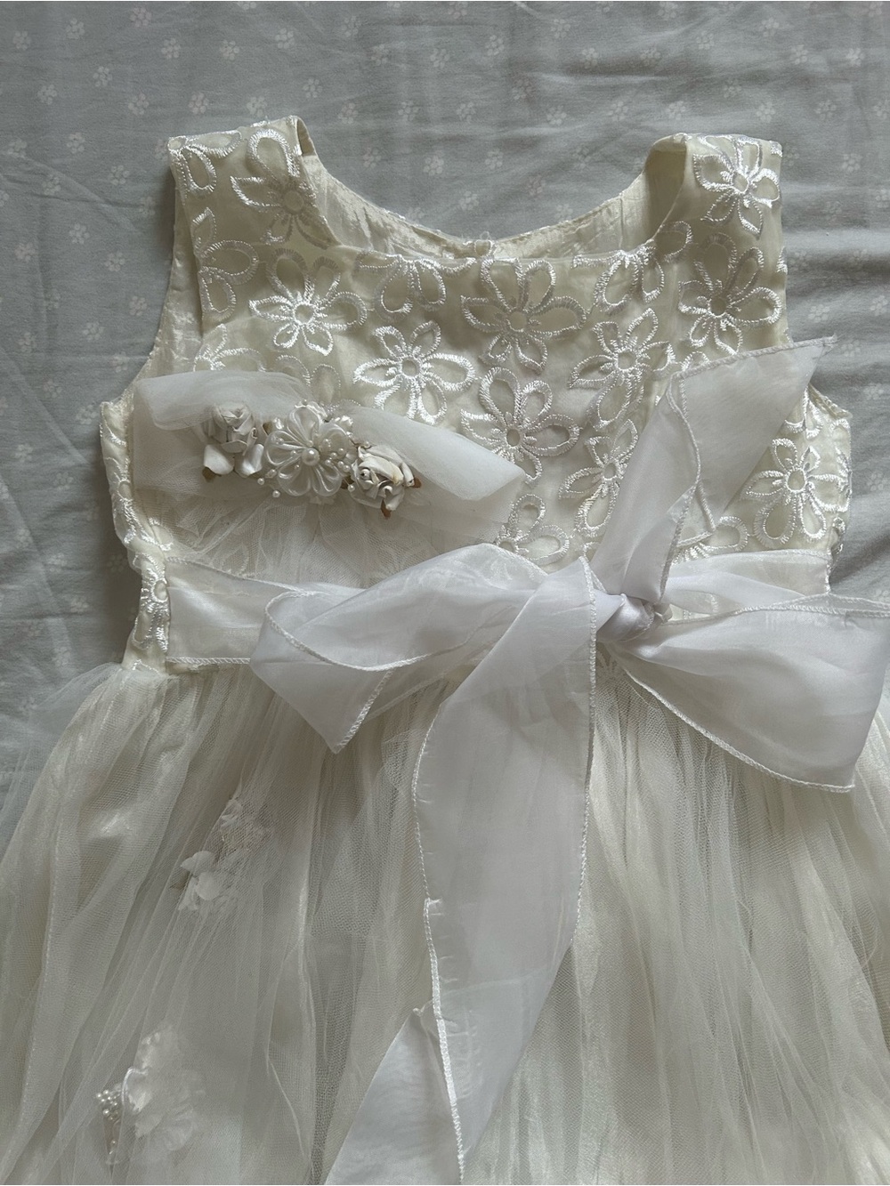 80s Elegant White Floral Tulle Girls Dress with Sash